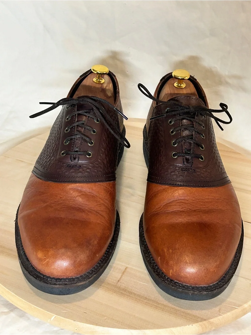 H.S. Trask Men’s Two-Tone Brown Buffalo Leather Lace-Up Oxford Round Toe 13 N